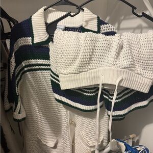 Chunky Knit White and Green Cardigan Sweater